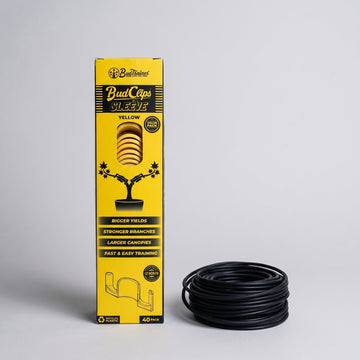 A yellow BudClips 40-pack sleeve standing beside a coil of black BudHuggers garden wire on a plain grey background.