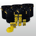 The Training Kit for a 3x3 or 4x4 ft tent laid out on a pale grey background: five black BudPots fabric grow bags with yellow handles behind, two yellow BudClips Sleeve 40-pack cartons and a BudClips 20-pack carton, a yellow Bud Huggers carton and a coiled 50 ft roll of yellow BudHuggers garden wire in front.